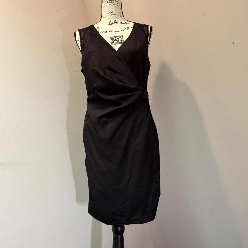 AllSaints Anika Dress Black Wrap Draped V-Neck Mesh Back Cocktail Dress US 8